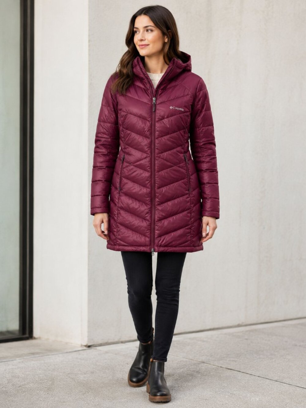 Columbia Joy Peak Mid Jacket Women S Burgundy Omni Heat Infinity Hooded Coat